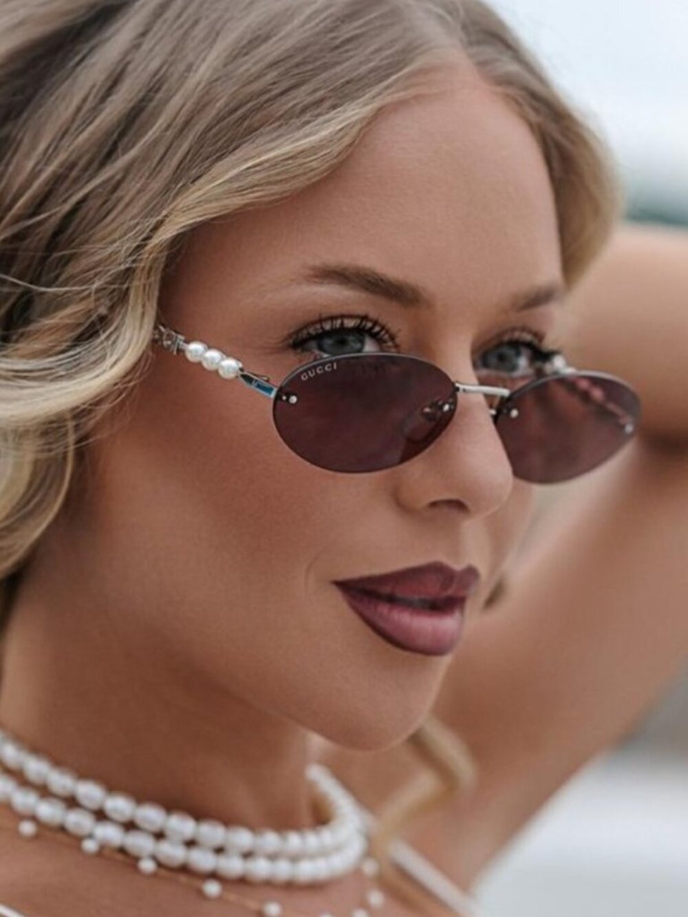 Gucci GG1922S 002 Sunglasses Shiny Silver with Pearl Oval Frame